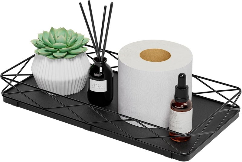 Lixple Toilet Paper Basket Holder, 13" Bathroom Tray Countertop, Wood and Metal Toilet Tank Tray Bathroom Vanity Organizer for Toiletry, Kitchen Sink Organizer for Soap Dispenser (Black) - Image 1